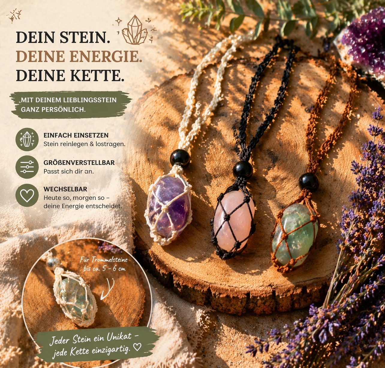 Makramé Kette für Edelsteine – Größenverstellbare Wechselkette in Weiß, Schwarz oder Braun