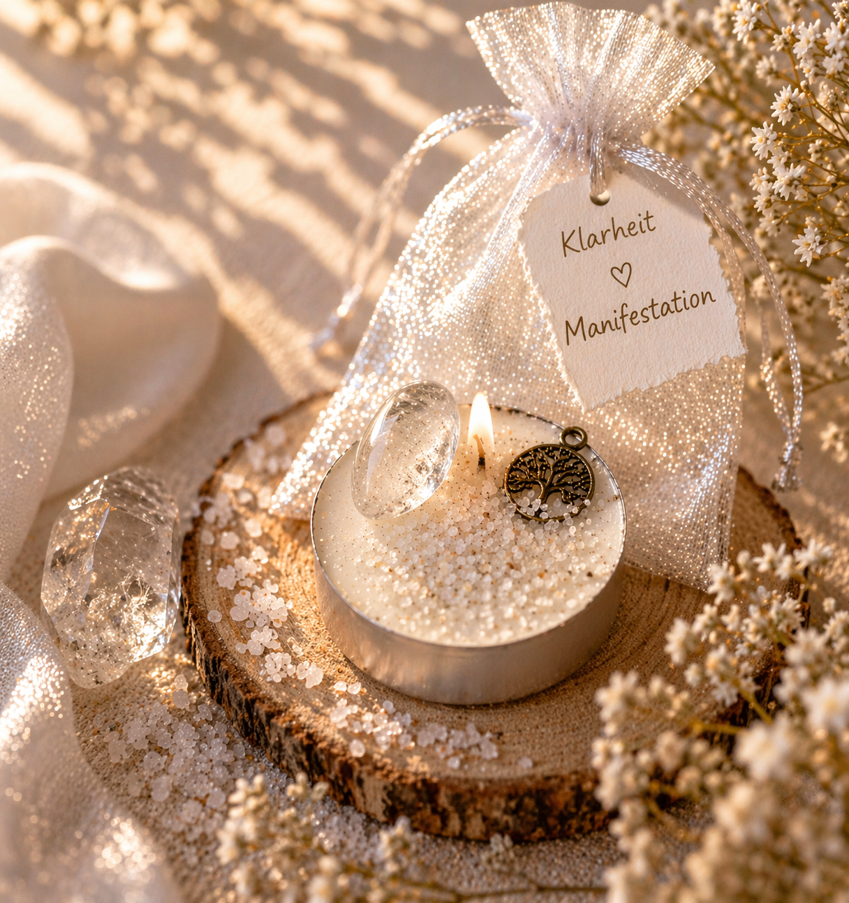Mini Teelichtritual Klarheit & Manifestation – Weiße Ritualkerze mit Bergkristall & Geschenkbeutel
