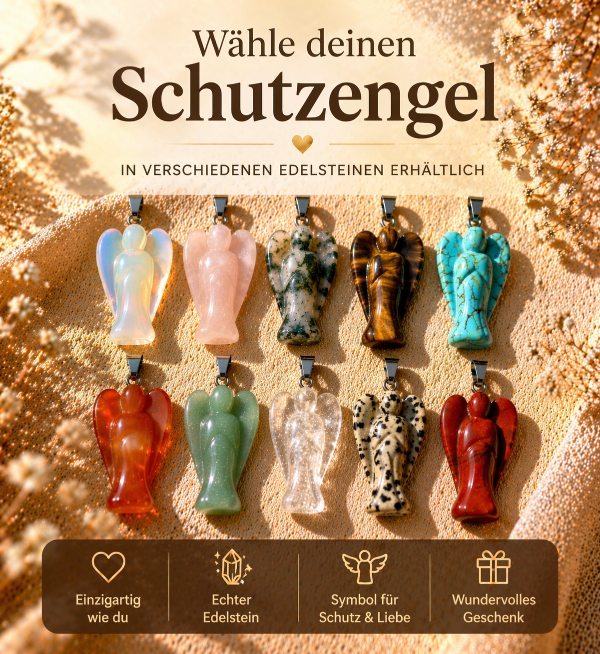 Edelstein Schutzengel Kette – Engel Anhänger aus verschiedenen Steinen mit Halskette