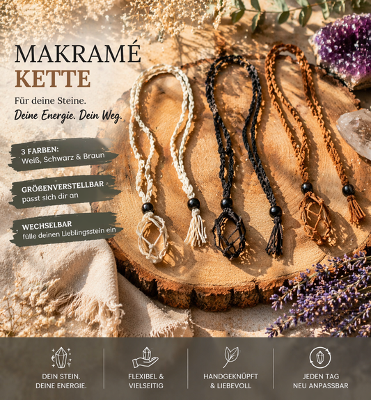 Makramé Kette für Edelsteine – Größenverstellbare Wechselkette in Weiß, Schwarz oder Braun