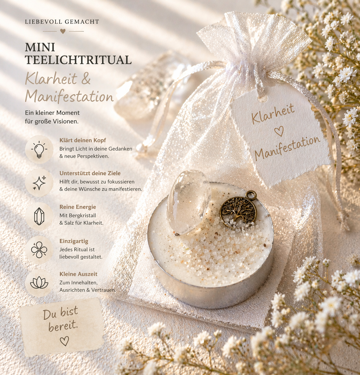 Mini Teelichtritual Klarheit & Manifestation – Weiße Ritualkerze mit Bergkristall & Geschenkbeutel