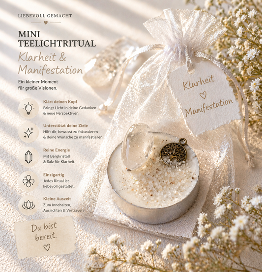 Mini Teelichtritual Klarheit & Manifestation – Weiße Ritualkerze mit Bergkristall & Geschenkbeutel