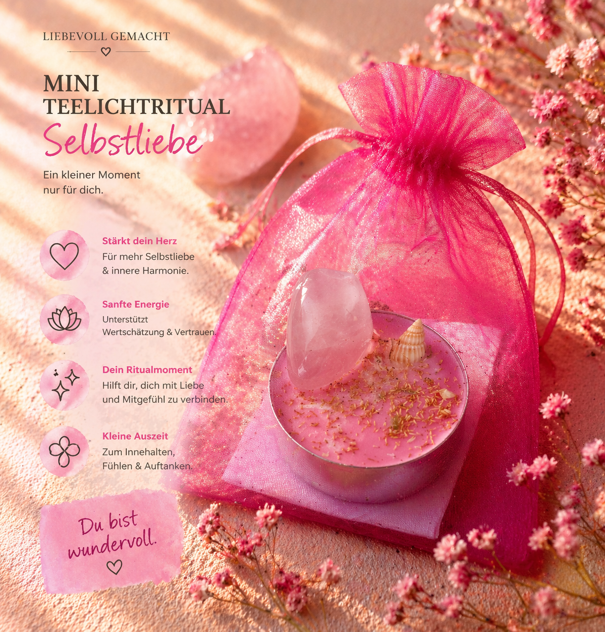 Mini Teelichtritual Selbstliebe – Rosa Ritualkerze mit liebevoller Geschenkverpackung