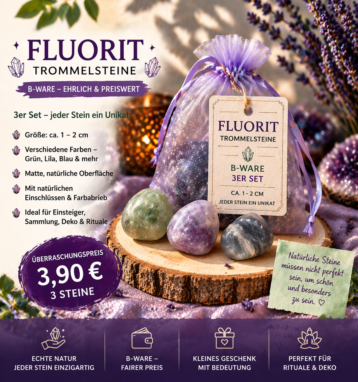 Fluorit Trommelsteine B-Ware 3er Set – matte Edelsteine 1–2 cm in verschiedenen Farben