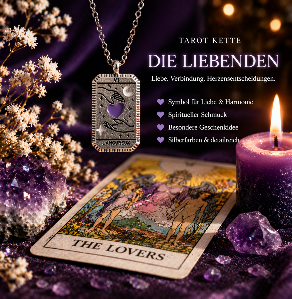 Tarotkarten Kette Die Liebenden – Silberfarbene Halskette mit Herz Anhänger – Spiritueller Modeschmuck Geschenkidee