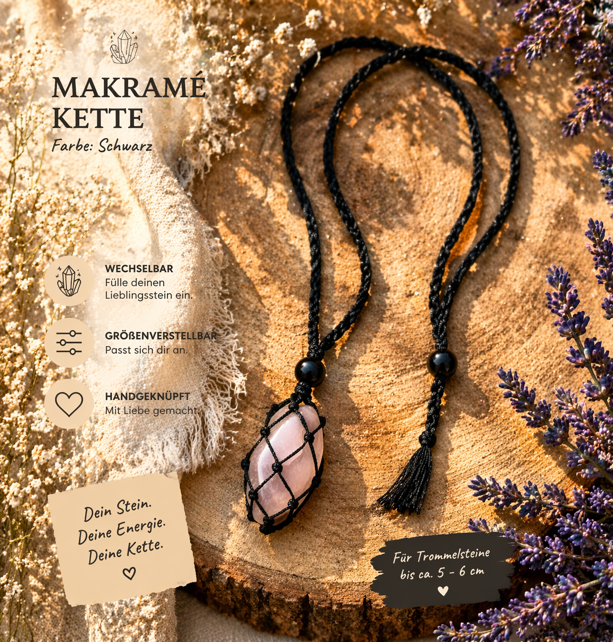 Makramé Kette für Edelsteine – Größenverstellbare Wechselkette in Weiß, Schwarz oder Braun