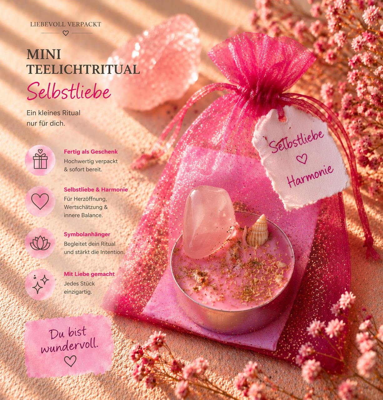 Mini Teelichtritual Selbstliebe – Rosa Ritualkerze mit liebevoller Geschenkverpackung